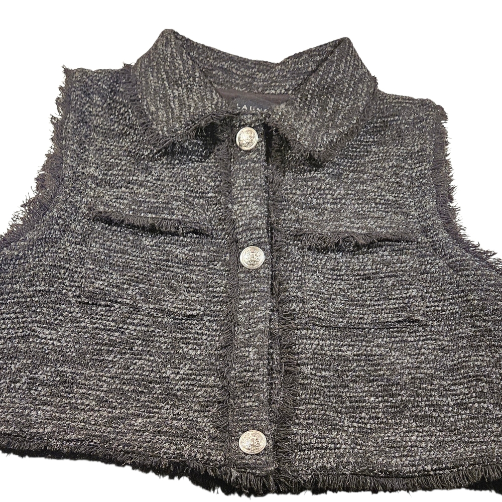 Laundry By Shelli Segal Black Distressed Tweed Vest with Silver Buttons